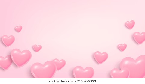 Hearts flying on pink background. Heart shaped 3d icons of love for Women's, Mother's, Valentine's Day, birthday greeting card. Happy holiday love background with hearts. Vector illustration