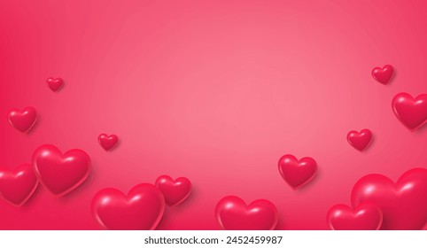 Hearts flying on red background. Heart shaped 3d icons of love for Women's, Mother's, Valentine's Day, birthday greeting card. Happy holiday love background with hearts. Vector illustration