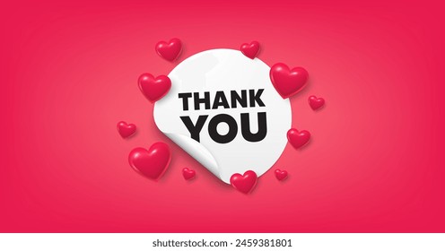 Hearts flying on thank you sticker. Heart shaped 3d icons of love for Women's, Mother's, Valentine's Day, birthday greeting card with sticker. Happy holiday love red background with hearts. Vector