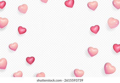 Hearts flying on transparent background. Heart shaped 3d icons of love for birthday greeting card, women's, Mother's, Valentine's Day, Vector illustration