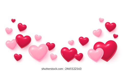 Hearts flying on white background. Heart shaped 3d icons of love for Women's, Mother's, Valentine's Day, birthday greeting card. Happy holiday love background with hearts. Vector illustration