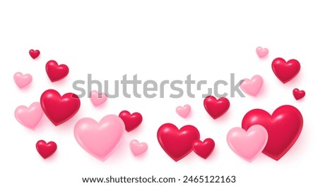 Hearts flying on white background. Heart shaped 3d icons of love for Women's, Mother's, Valentine's Day, birthday greeting card. Happy holiday love background with hearts. Vector illustration