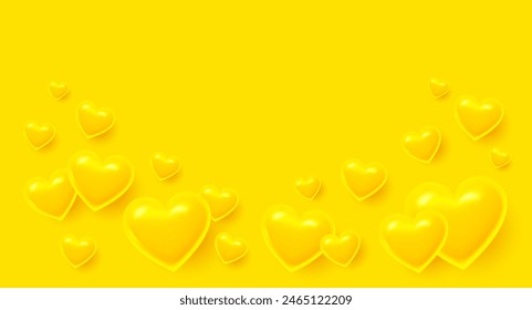 Hearts flying on yellow background. Heart shaped 3d icons of love for Women's, Mother's, Valentine's Day, birthday greeting card. Happy holiday love background with hearts. Vector illustration