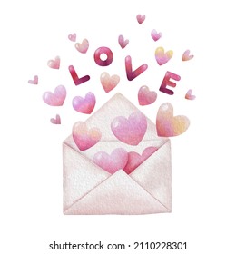 Hearts flying out of opened envelope in watercolor style. Love letter for Valentines day.