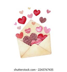 Hearts flying out of opened envelope in watercolor style. Love letter for Valentines day.