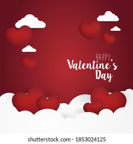 Hearts flying over red sky and among white clouds for Valentine's Day