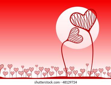 Hearts in the form of plants against the evening sky and Ð·Ð°Ñ?Ð¾Ð´Ñ�Ñ?Ð½Ð³Ð¾ the sun. A vector illustration.
