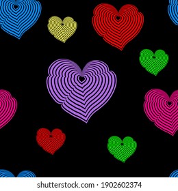 Hearts in the form of striped multicolored optical illusions on black background. Seamless pattern. Vector illustration.