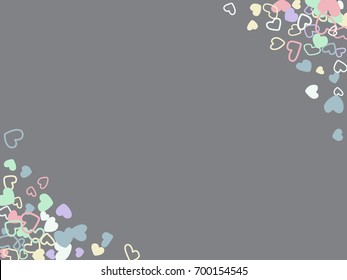 Hearts frame corners vector illustration with text place. Empty card template with love symbols border, flying hearts confetti. Border corners suitable for romantic event invitation.