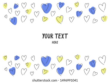 Hearts frame. Light air hearts with spots of blue and yellow. Vector romantic background template for text on a white background. Greeting card on the theme of love.