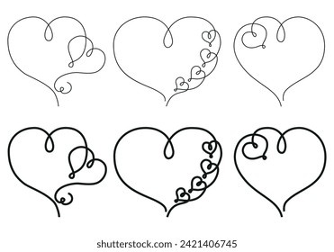 Hearts frame with line art style isolated on white background. Cute hearts shapes for St.Valentine's day decoration, wadding card, speech bubble, poster or other using. Vector set. Not AI created.