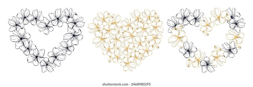 Hearts frame set with line art poppies flower, hand drawn vector illustration