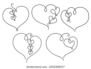 Hearts frames with line art style isolated on white background. Heart shapes for St. Valentine's day card, speech bubble, frame, cardio  emblem, clinic logo or other using. Vector set. Not AI created.