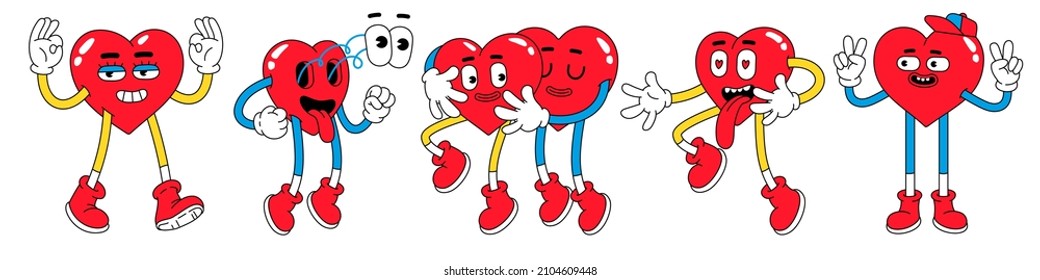 Hearts funny cartoon characters. Valentines day vector illustrations. Love concept. Set of comic stickers, patches, pins in trendy retro cartoon style.