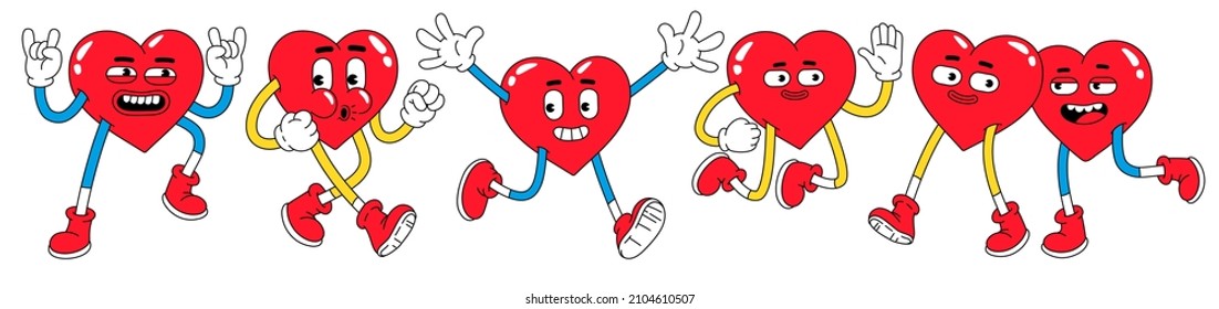 Hearts funny cartoon characters. Valentines day vector illustrations. Love concept. Set of comic stickers, patches, pins in trendy retro cartoon style.