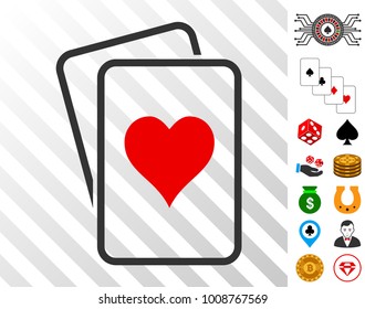 Hearts Gambling Cards pictograph with bonus casino images. Vector illustration style is flat iconic symbols. Designed for gamble apps.