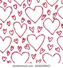 Hearts gel pen line seamless pattern hand drawn. Pink doodle symbols on white small and big.