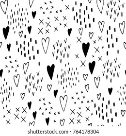 Hearts geometric abstract seamless pattern. Hand drawn vector black and white illustration. Cartoon doodle. Background, wallpaper. Colouring page. Web,print,fabric texture.
