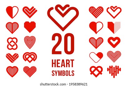 Hearts geometric linear logos vector icons or logotypes set, graphic design modern style elements, love care and charity geometrical symbols collection.