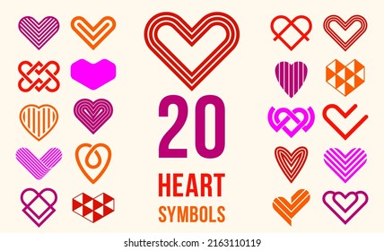 Hearts geometric linear logos vector icons or logotypes set, graphic design modern style elements, love care and charity geometrical symbols collection.