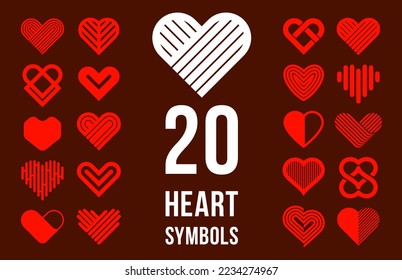 Hearts geometric linear logos vector icons or logotypes set, graphic design modern style elements, love care and charity geometrical symbols collection.