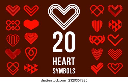 Logotipos lineales geométricos iconos vectoriales o lotipos establecidos, diseño gráfico elementos de estilo moderno, cuidado de amor y colección de símbolos geométricos de caridad.