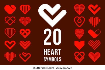 Hearts geometric linear logos vector icons or logotypes set, love care and charity geometrical symbols collection, graphic design modern style elements. 