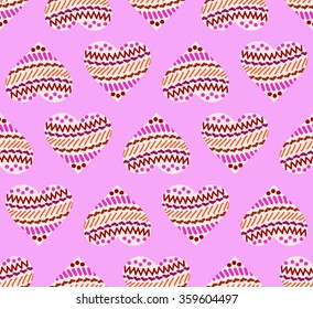 Hearts with geometric pattern, abstract romantic background. Vector seamless pattern