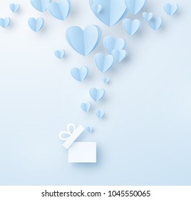 Hearts with gift box. Paper flying ballon elements on blue background. Vector symbols of love in shape of heart for Happy Father's, Mother's, Valentine's Day, birthday greeting card design.
