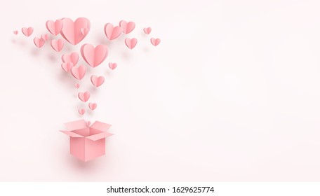 Hearts with gift box postcard. Paper flying elements on pink background. Vector symbols of love in shape of heart for Happy Mother's, Valentine's Day, birthday greeting card design