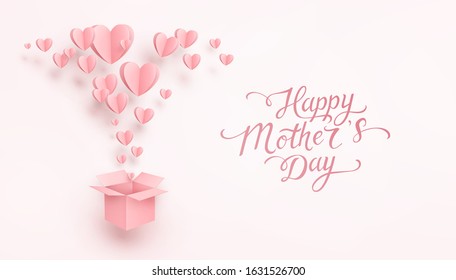 Hearts with gift box postcard. Paper flying elements on pink background. Vector symbols of love in shape of heart for Happy Mother's greeting card design.
 - Shutterstock ID 1631526700