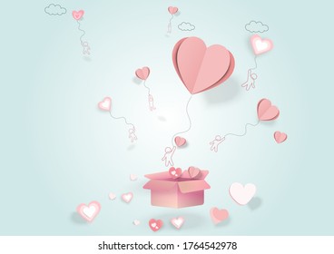 Hearts with gift box postcard. Paper flying elements on pink and Sky color background. Vector symbols of love in shape of heart for Happy Mother's, Valentine's day