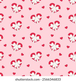 Hearts and gift box with white bow on the pink background seamless pattern