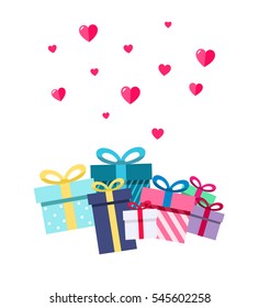 Hearts, gift boxes isolated on white. Pile of presents. Valintine's day concept. Vector flat cartoon illustration. Sale Banner, poster for online shop. celebration, wedding anniversary, marriage, card