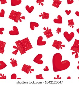 Hearts and gifts seamless pattern for textile and paper design. Vector illustration.