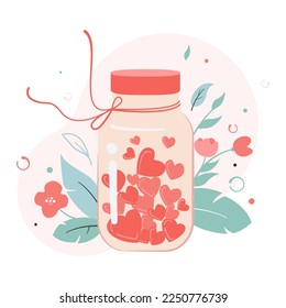 Hearts in a glass jar. Happy Valentine's Hearts in a glass jar. Happy Valentine's Day Love bottle with hearts inside, Valentines greeting card and postcard, textile, decor, poster. Love message