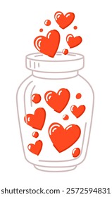 Hearts in glass jar, symbol of affection, relationship, emotional abundance, romantic.  Hand drawn, line illustration for prints, valentine's day cards.  Isolated vector illustration. Editable stroke.