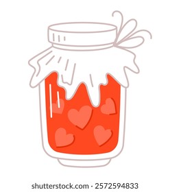 Hearts in glass jar, symbol of love, affection, relationship, romantic.  Hand drawn, line illustration for prints, valentine's day cards.  Isolated vector illustration. Editable stroke.