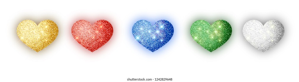 Hearts glitter texture set. Isolated object  Symbol love heart shape isolated. Vector object for Valentine's Day design, mockup. Vector realistic object Illustration 10 EPS