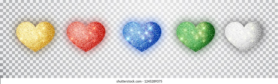 Hearts glitter texture set. Isolated object Symbol love heart shape isolated. Vector object for Valentine s Day design, mockup. Vector realistic object Illustration 10 EPS