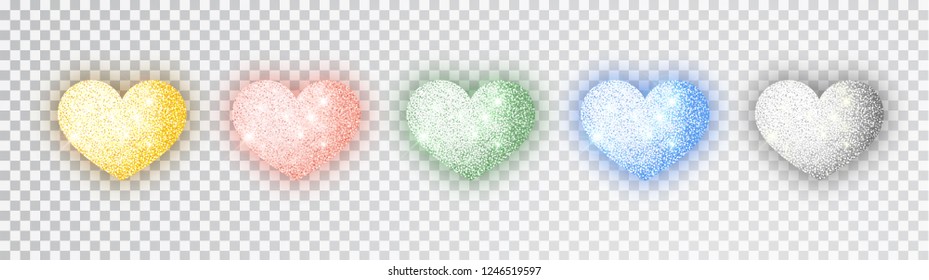 Hearts glitter texture set. Isolated object Symbol love heart shape isolated. Vector object for Valentine s Day design, mockup. Vector realistic object Illustration 10 EPS