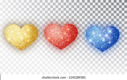 Hearts glitter texture set. Red, gold, blue Hearts Isolated. Symbol love heart shape isolated. Vector object for Valentine s Day design, mockup. Vector realistic object Illustration 10 EPS