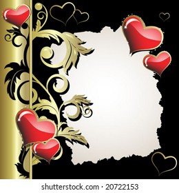 Hearts with a gold branch on a black background