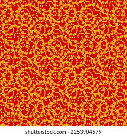 Hearts of golden hues in a bright pattern on a red background. Festive seamless ornament for surface, packaging, postcard