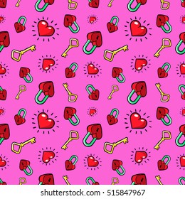 Hearts and Golden Keys Seamless Pattern. Love Background in Retro Fashion Style. Vector illustration