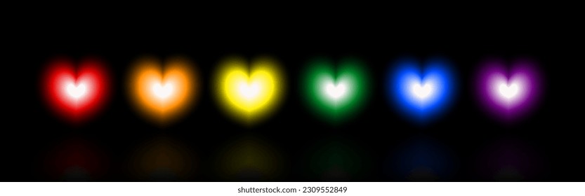 Hearts gradient blur multi-colors on black background. Red, Orange, Yellow, Green, Blue, and Purple. Vector illustration.