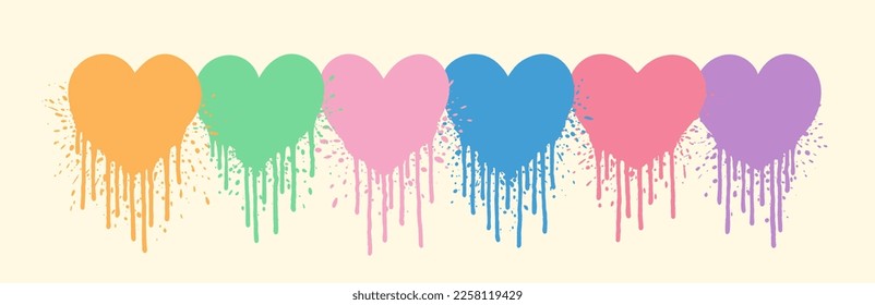 Hearts graffiti set. Graffiti heart stains. Grunge paint splatter. Ink splash. 2000s graffiti trend. Y2k, 90s and 2000s. Valentines day hearts. Love, romance, wedding. Valentines day.