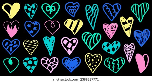 Hearts graffiti. Vector illustration. Set of multicolored silhouettes of hearts with different patterns. Hand drawn doodle style.