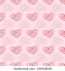 Hearts with Grid pattern inside, pink and red rows of hearts on a pink background, seamless vector repeat pattern, surface design