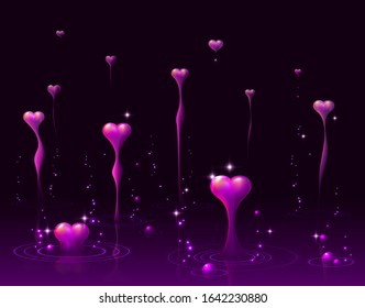 Hearts grow from the surface and stretch up. Abstract vector illustration with 3D effects